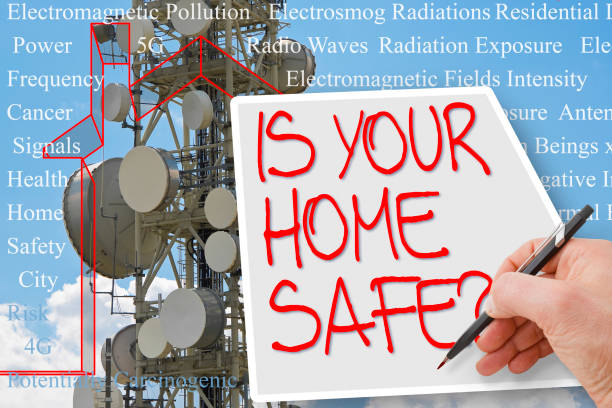 IS YOUR HOME SAFE from electromagnetic pollution exposure? - concept with base radio station for global communications services, electromagnetic emissions fields radiations - concept with residential building and keywords