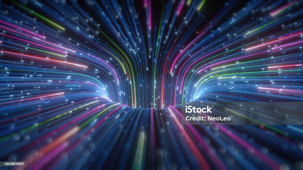 3d render, abstract futuristic background with glowing neon lines going into a gravity catch hole, colorful laser rays, fantastic wallpaper Data Stock Photo
