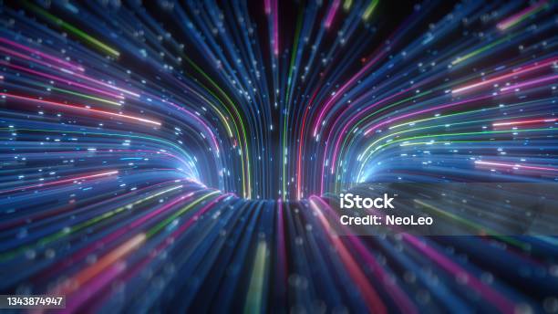 3d Render Abstract Futuristic Background With Glowing Neon Lines Going Into A Gravity Catch Hole Colorful Laser Rays Fantastic Wallpaper Stock Photo - Download Image Now