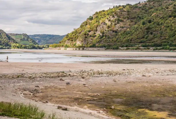 Climate change: Rhine with low water in the Upper Middle Rhine Valley in the hot and dry summer of 2018