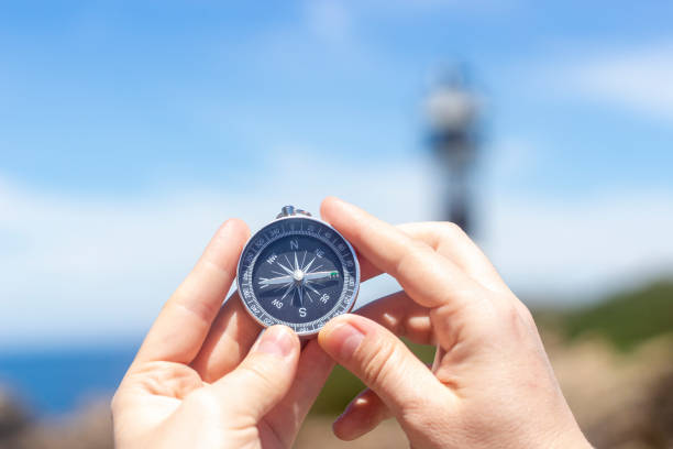 istock Hand holding a compass in front of the sea 1343878230