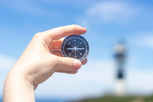 istock Hand holding a compass in front of the sea 1343878237