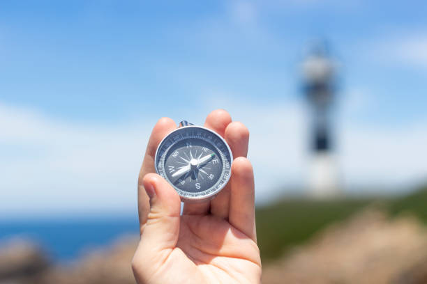 istock Hand holding a compass in front of the sea 1343878238