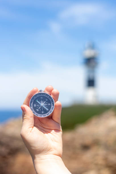 Hand holding a compass in front of the sea