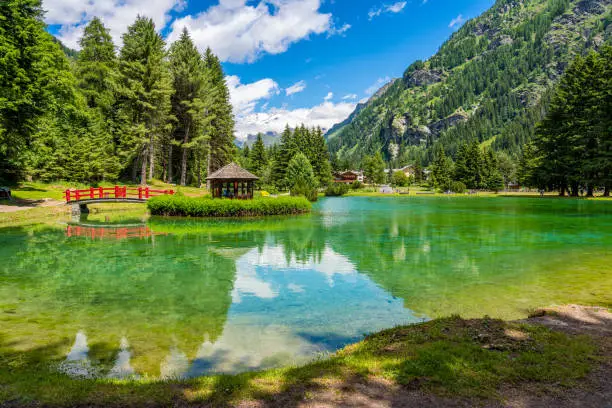 Idyllic summer view at Gressoney-Saint-Jean with the Monterosa in the background. In the Lys Valley. Aosta Valley, northern Italy.