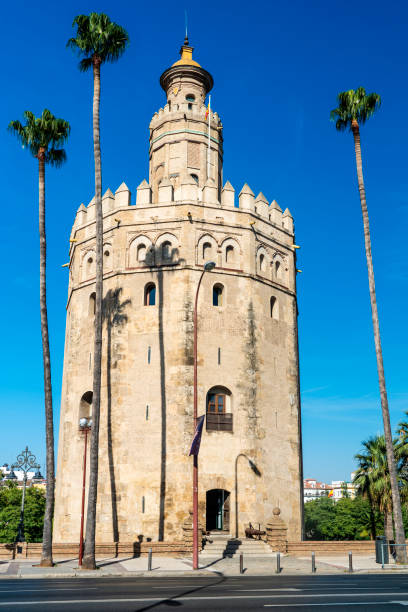 torre del oro in seville, spain - seville sevilla torre del oro tower foto e immagini stock