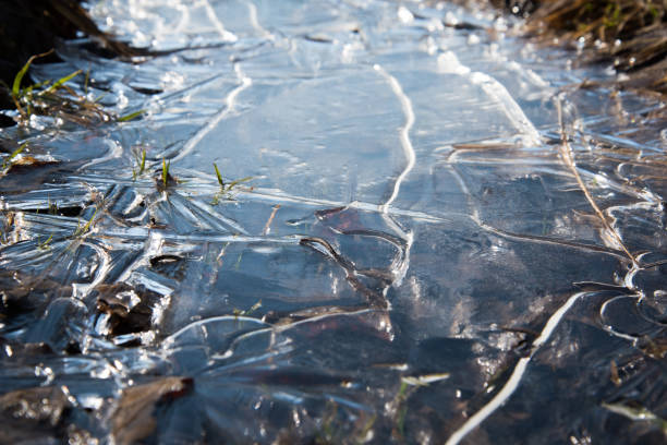 View from above. Frozen puddle. The ice formed a natural pattern. Abstraction.