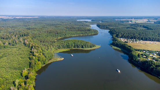 Boats on a small lake, Mecklenburgische Seenplatte - aerial view