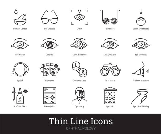 Ophthalmology, Eyes Health, Vision Correction, Contact Lenses Vector Linear Icons Isolated On White Background Ophthalmology, eyes health care thin line icons. Vector collection linear pictogram related to vision correction, optometry, contact lenses, glasses, blindness. Vector icon set isolated on white background. Editable strokes. lens optical instrument illustrations stock illustrations
