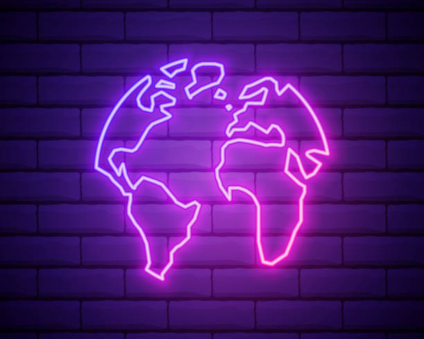 istock Glowing neon line Earth globe icon isolated on brick wall background. World or Earth sign. Global internet symbol. Geometric shapes. Vector Illustration. 1343885836