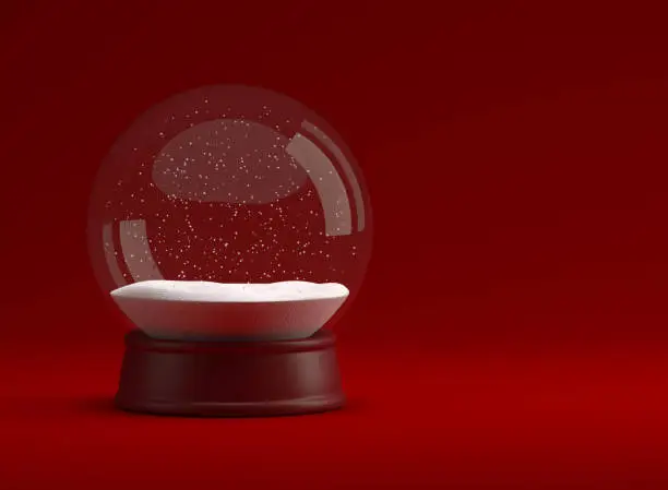 Empty snow globe with snow on a red background. 3D illustration.