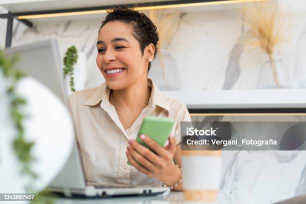 Woman Working With Mobile And Laptop Stock Photo - Download Image Now - Women, People, One Woman Only