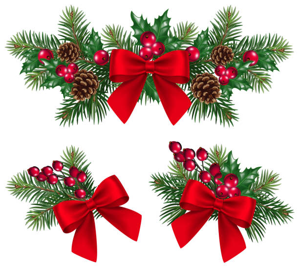 ilustrações, clipart, desenhos animados e ícones de decoração de natal vetorial com galhos de pinheiros e arco vermelho e frutos vermelhos. conceito de natal - christmas frame wreath garland