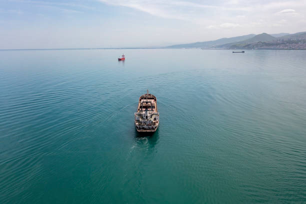 istock Aerial view of cargo ship in transit. 1343889277