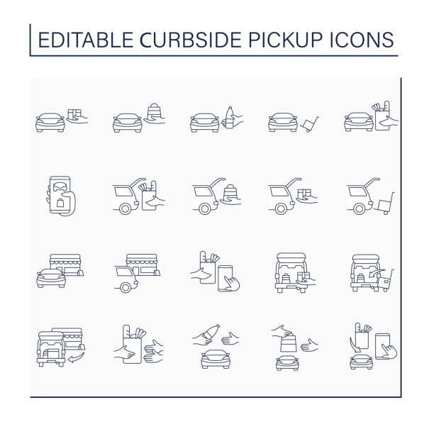 Curbside pickup line icons set Curbside pickup line icons set. Contactless parcel obtaining. Safe way to pick up orders from restaurants, stores.Courier delivery. Shopping concept. Isolated vector illustrations. Editable stroke sidewalk icon stock illustrations