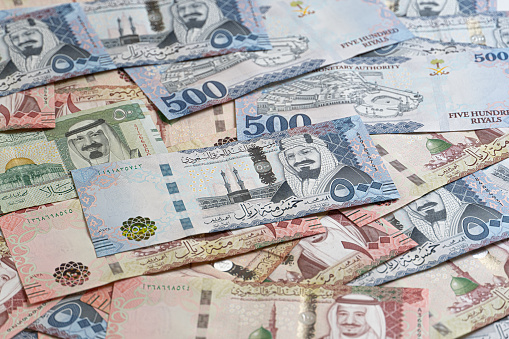 Saudi money banknote, Cash background, saudi riyal close up, SAR currency