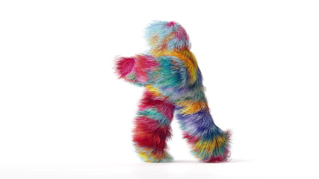 endless 3d animation with alpha channel, furry monster dancing, hairy mascot having fun, colorful toy isolated on white background