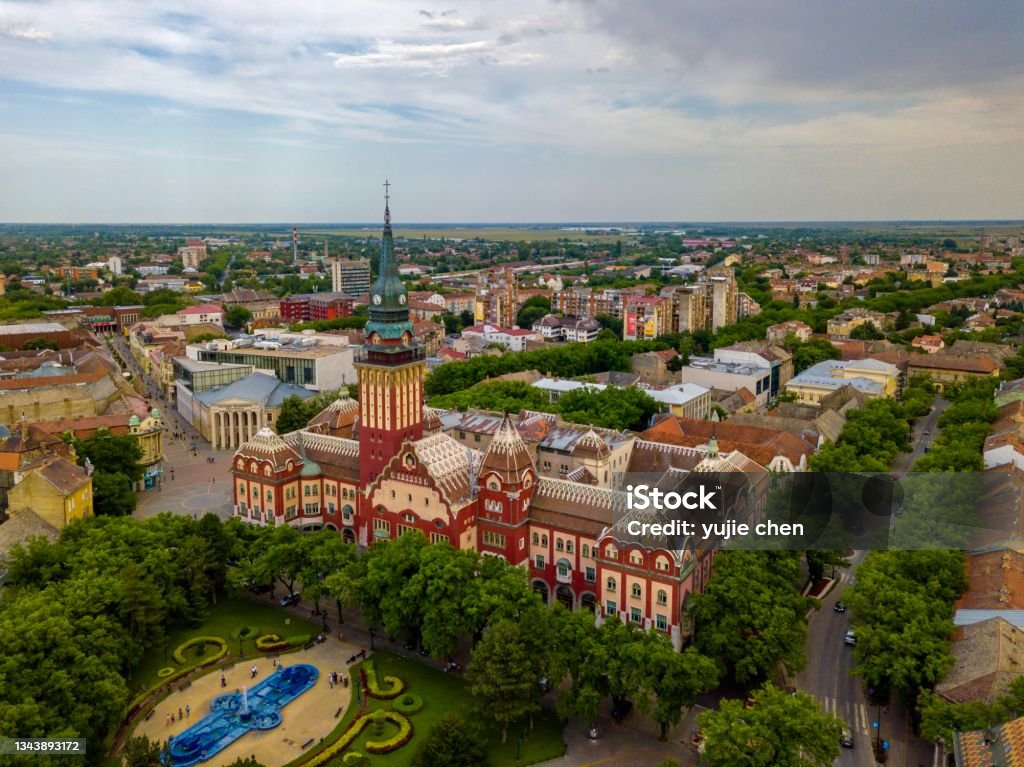 The drone aerial view of city Subotica, Serbia. Subotica is a city and the administrative center of the North Bačka District in the autonomous province of Vojvodina, Serbia. Serbia Stock Photo