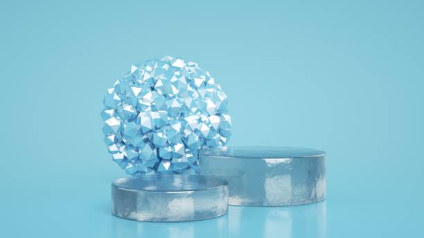 istock Blue Crystal With Ice Pedestals. Empty Space Blue Background - 3D Illustration 1343893601