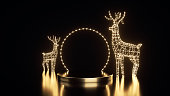 Golden Pedestal With Circle Neon Lights and Neon Deers. Modern New Year Concept - 3D Illustration