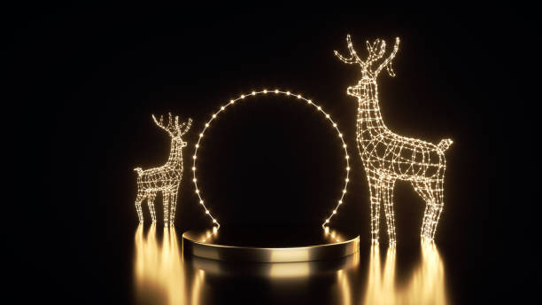 golden pedestal with circle neon lights and neon deers. modern new year concept - 3d illustration - reindeer christmas decoration gold photography imagens e fotografias de stock
