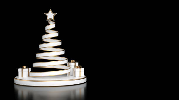 modern white and golden christmas tree and gift boxes. empty space black background - 3d illustration - confetti new years day new year christmas imagens e fotografias de stock