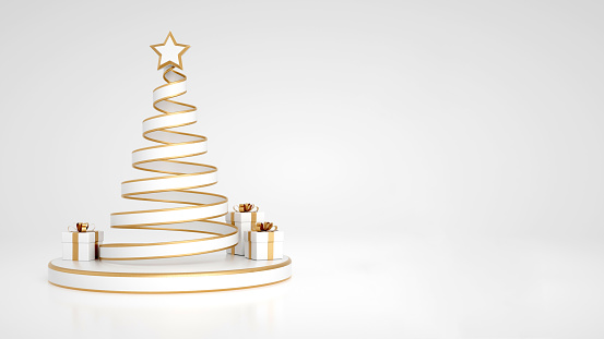 Modern White And Golden Spiral Christmas Tree And Gift Boxes Isolated On The White Background. Empty Space. New Year Concept.
