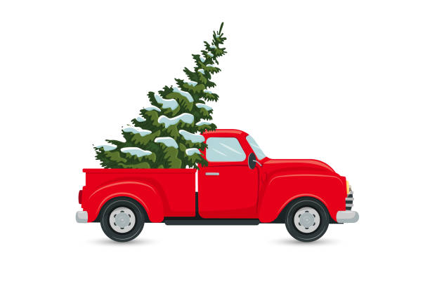istock Red truck carrying a christmas tree, isolated clip art on white background, vector illustration , postcard, banner 1343897090