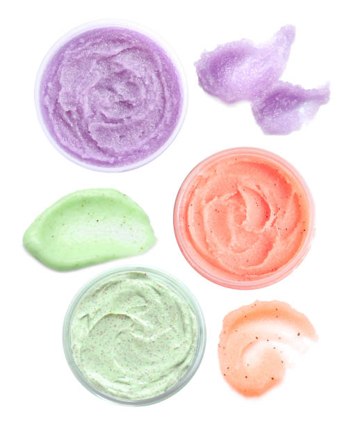 istock Set with different samples and containers of natural scrubs on white background, top view 1343897135
