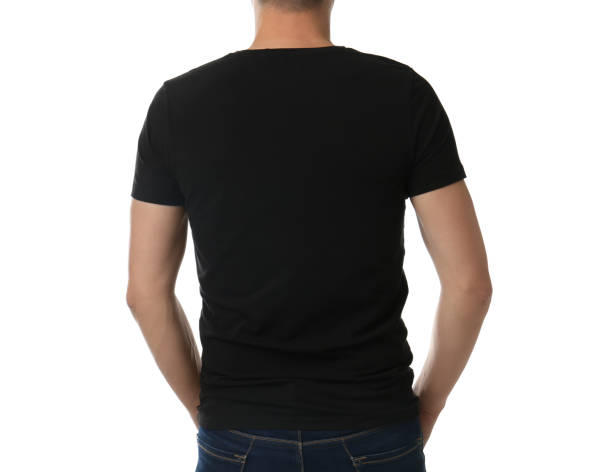 istock Man in black t-shirt on white background, closeup. Space for design 1343897155