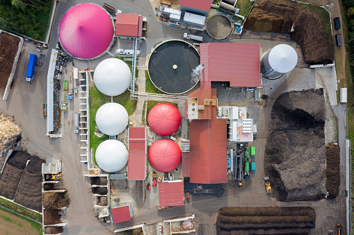 Aerial view of a modern biogas, biomass plant.