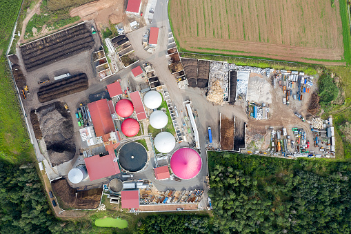 Modern biogas, biomass plant and garbage disposal, aerial view.