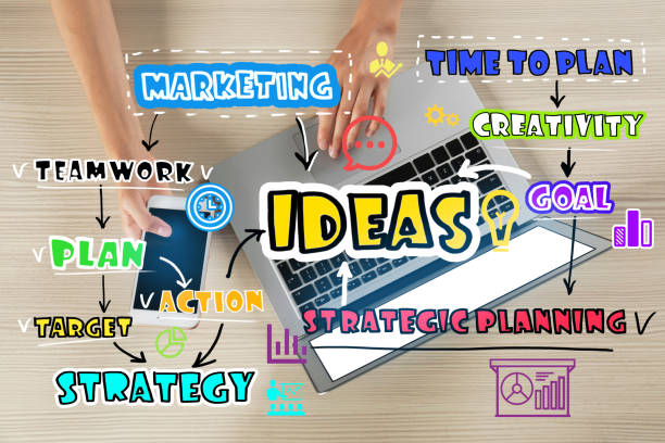 istock Strategic planning concept. Scheme and woman using laptop on background, top view 1343900146