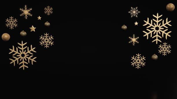 istock Golden Snowflakes, Christmas Tree Balls And Stars On Black Background. Empty Space For Text - 3D Illustration 1343900368