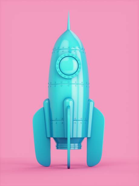 3d-rendering bleu rocket space ship auf rosa hintergrund isoliert - missile stock-grafiken, -clipart, -cartoons und -symbole