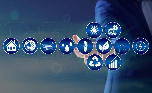 istock Energy efficiency concept. Man demonstrating scheme with icons, closeup 1343901123