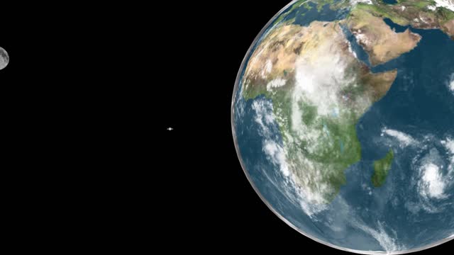 Computerized animation of planet earth revolving in its orbit with its natural satellite, moon.