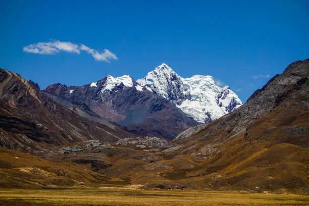 Photo of Mururahu snowpeak, at Huascaran National Park, Huaraz, Peru. Andes mountains