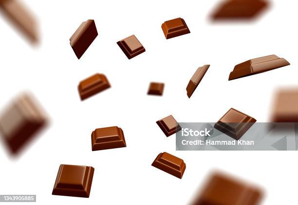 Chocolate Broken Into Pieces In The Air On A White Background Milk Chocolate Pieces On White Isolatedchocolate Clipping Path Image Stack Full Depth Of Field Macro Shot 3d Illustration 3d Rendering Stock Photo - Download Image Now