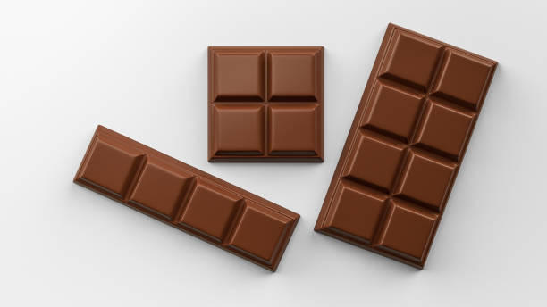 milk chocolate pieces isolated on white background from top view 3d rendering 3d illustration - çikolatalı bar illüstrasyonlar stok fotoğraflar ve resimler