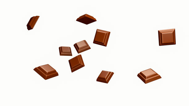 zbliżenie stosu kawałków czekolady spadających na białe tło ilustracja 3d renderowanie 3d - chocolate candy bar block cocoa zdjęcia i obrazy z banku zdjęć