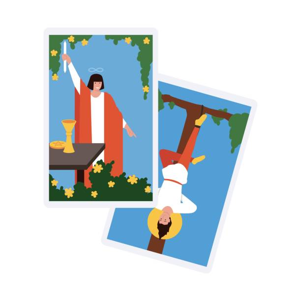 ilustraciones, imágenes clip art, dibujos animados e iconos de stock de ilustraciones vectoriales de cartas del tarot - hombre colgado