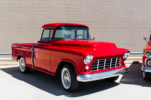 Lebanon, TN - May 13, 2022: Low perspective front corner view of a customized 1948 Chevrolet 3100 Pickup Truck at a local car show.