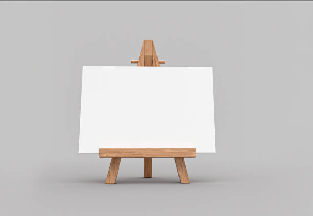 Blank wooden easel calendar for design presentation easel for artist. tripod for painting with empty canvas. 3d illustration Blank wooden easel calendar for design presentation easel for artist. tripod for painting with empty canvas. 3d illustration easel stock pictures, royalty-free photos & images