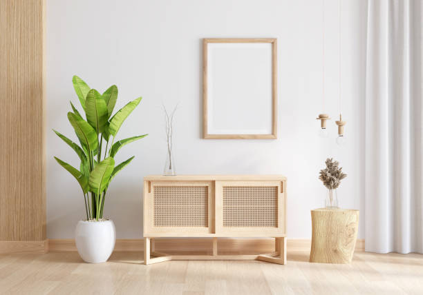 istock Wood sideboard in living room interior with frame mockup, 3D rendering 1343909389