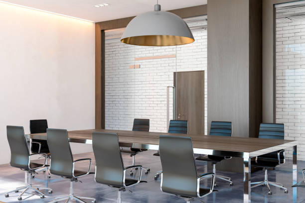 istock Modern brick and wooden meeting room interior. Presentation and work concept. 3D Rendering. 1343910836
