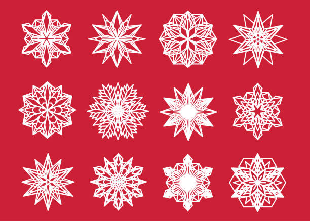 zestaw wektorów płatka śniegu. kolekcja izolowanych ikon płatków śniegu - intricacy snowflake pattern winter stock illustrations