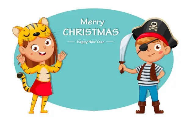 Vector illustration of Boy in pirate costume and girl in costume of tiger