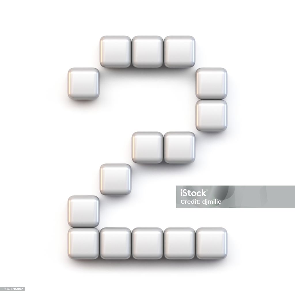 White cube, pixel font Number TWO 2 3D White cube, pixel font Number TWO 2 3D render illustration isolated on white background Abstract Stock Photo