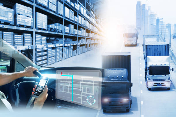istock Double exposure of driver operator delivery industry and logistics concept container truck  and freight cargo plane in transport and import-export commercial logistic 1343917972